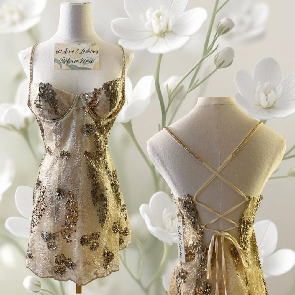 For Love And Lemons Opal Gold Mini Dress NWT - Picture 7 of 8